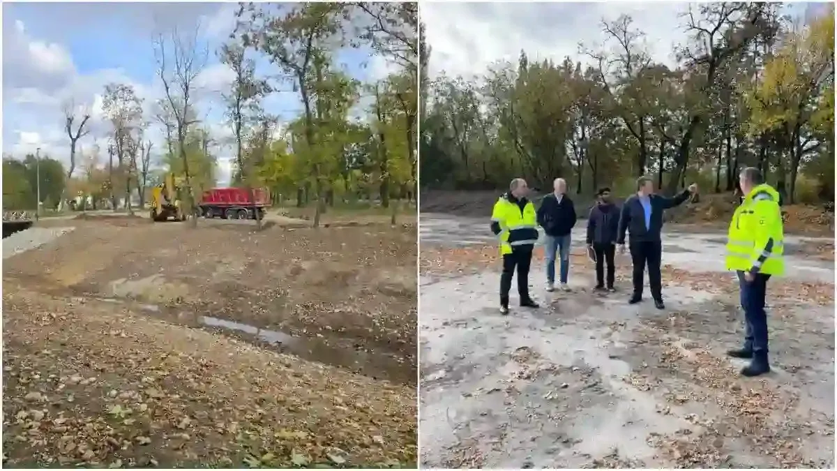 Două imagini alăturate arată teren cu pământ și pietriș, copaci, o structură roșie și cinci persoane în picioare, două purtând jachete galbene.