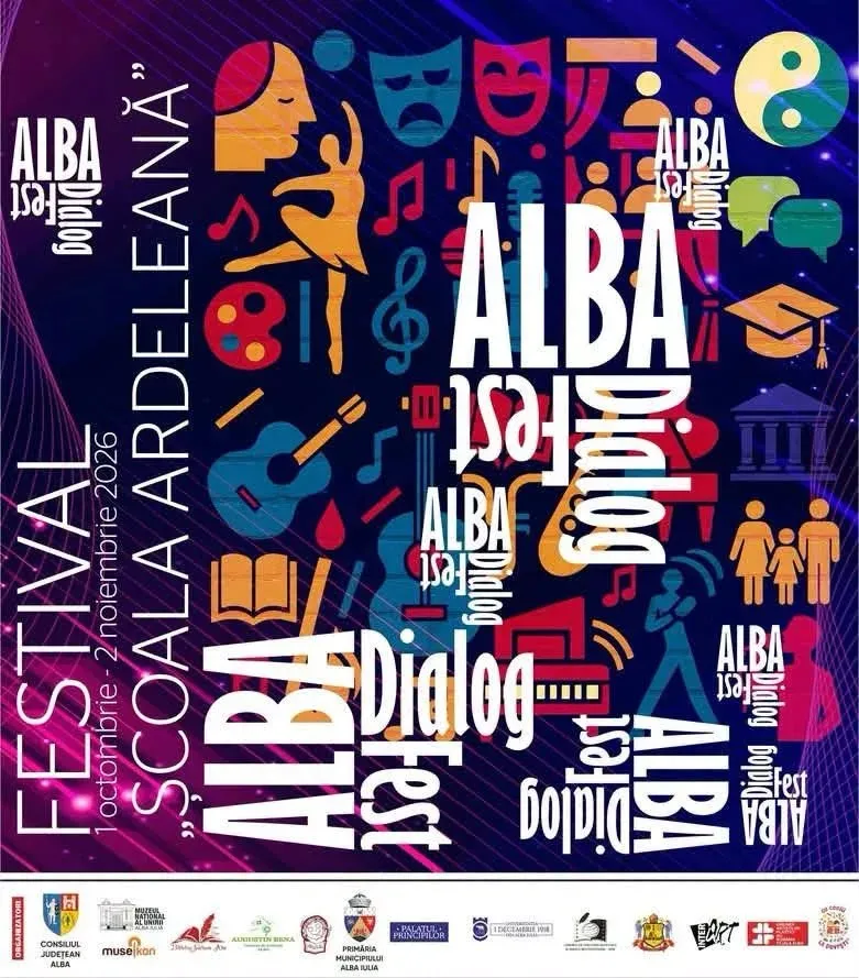 Afiș mov cu texte albe, simboluri colorate pentru teatru, muzică, lectură și dialog, plus sigle mici dispuse în partea inferioară.