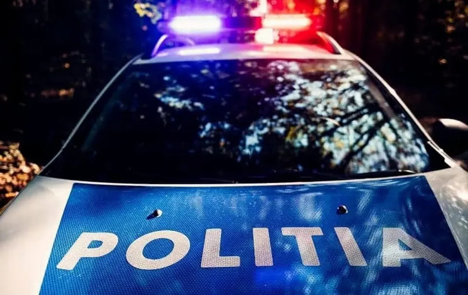 Prim-planul unei mașini de poliție surprinde capota inscripționată și luminile albastre și roșii aprinse, cu arbori reflectați în parbriz.