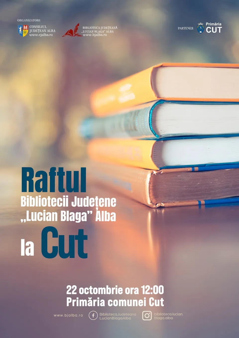 Un teanc de cărți colorate ocupă partea dreaptă, iar în stânga și jos apar texte de dimensiuni diferite.