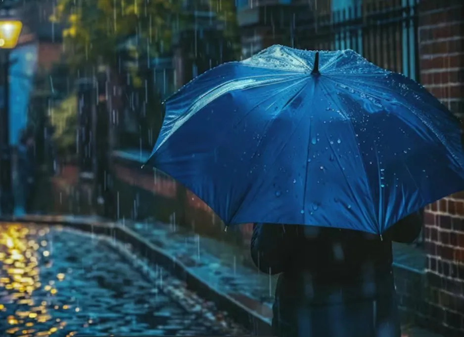 O persoană îmbrăcată în haine închise ține o umbrelă albastră, în timp ce ploaia cade pe o stradă cu pavaj ud.