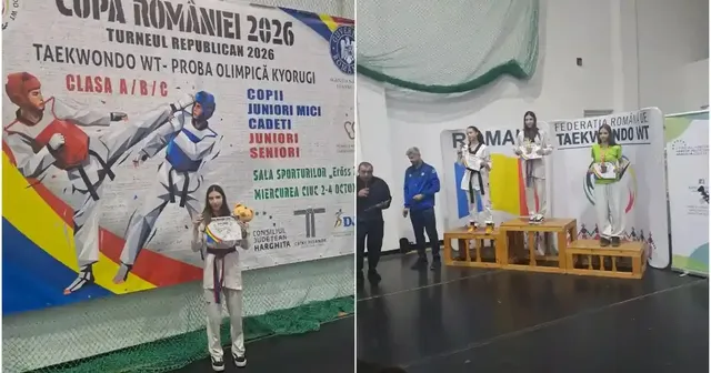 Două cadre alăturate arată o sportivă în dobok ținând premii lângă un panou și mai multe sportive pe un podium într-o sală.