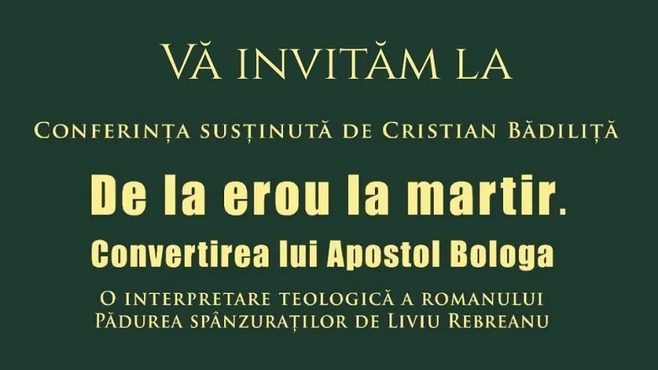 Pe un fundal verde închis apar rânduri de text galben, cu titlul „De la erou la martir” scris cu litere mari.