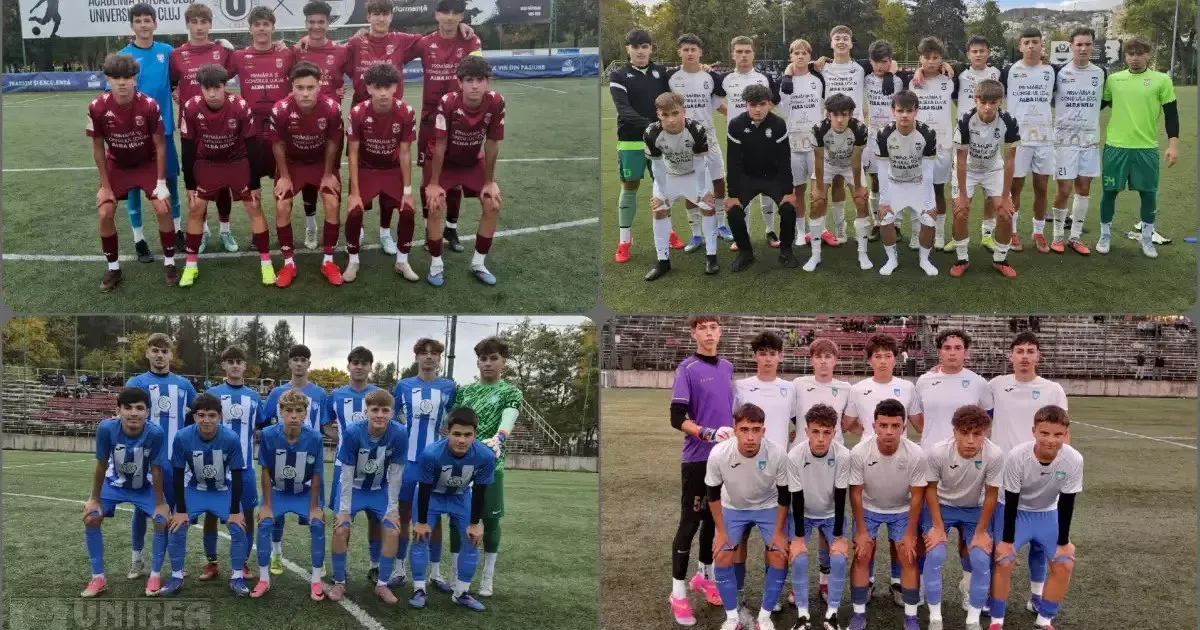 Patru fotografii alăturate arată grupuri de tineri în echipamente de fotbal vișinii, albastre, albe și verzi, așezați și în picioare pe terenuri.