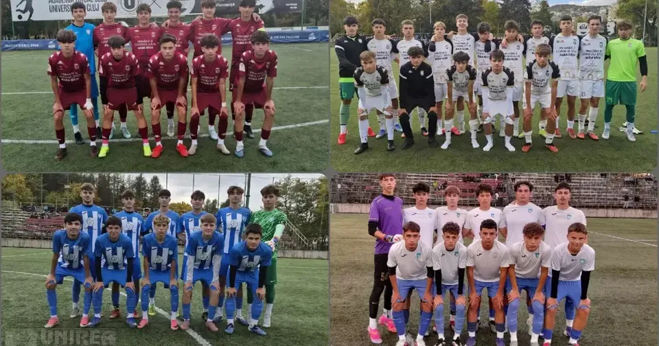 Patru fotografii alăturate arată grupuri de tineri în echipamente de fotbal vișinii, albastre, albe și verzi, așezați și în picioare pe terenuri.
