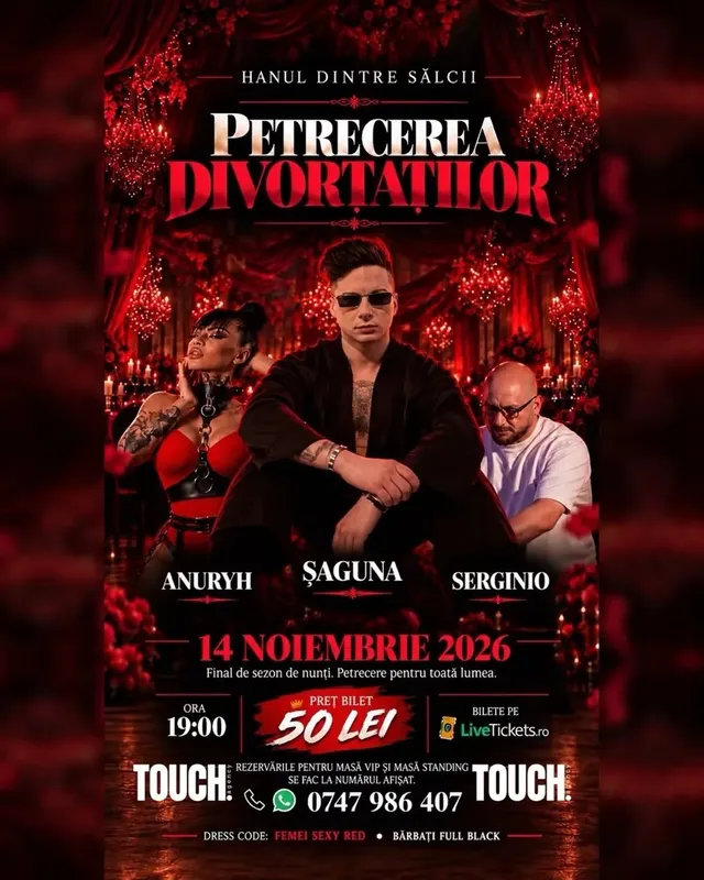 Afiș roșu-negru cu trei persoane, candelabre și trandafiri; bărbatul central poartă ochelari, femeia o ținută roșie, iar bărbatul din dreapta cămașă albă.