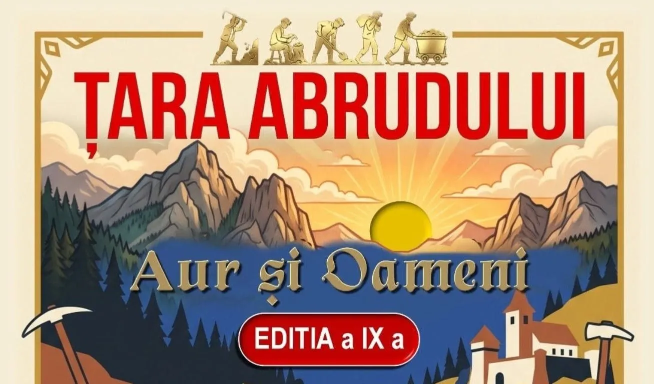 Un afiș ilustrat prezintă text roșu și albastru, munți, brazi, un soare, un târnăcop, clădiri și siluete aurii.