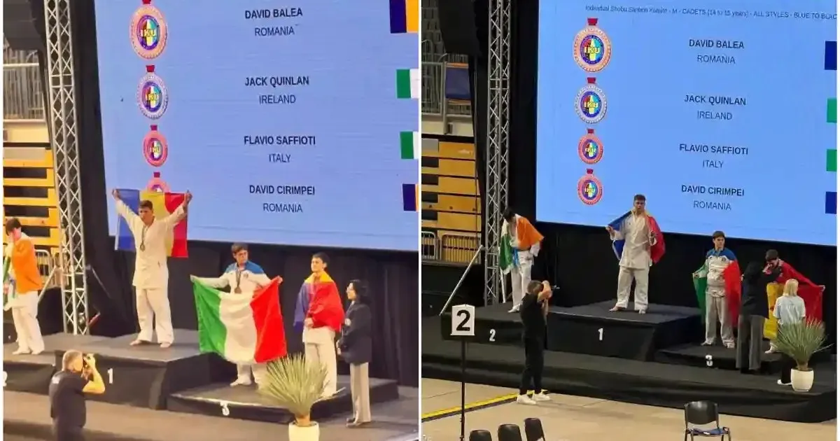 Două cadre arată podiumuri cu persoane în uniforme albe, steaguri tricolore, ecrane cu text, ghivece cu plante și spectatori în față.
