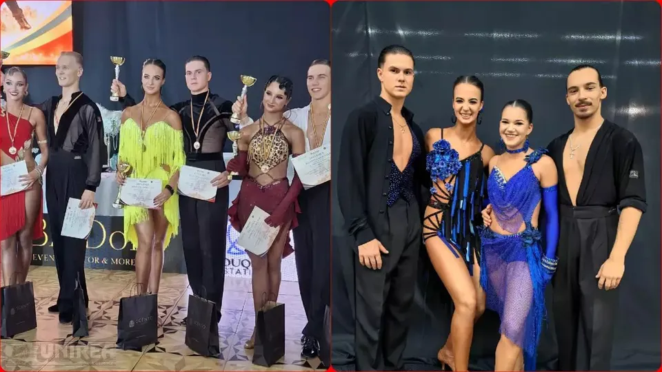 Imagine compusă din două fotografii: în stânga, mai multe persoane în costume de dans țin diplome; în dreapta, patru persoane pozează în costume colorate.