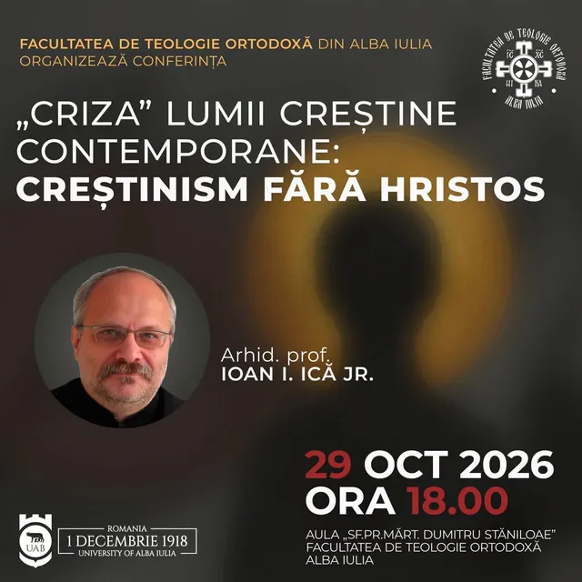 Un afiș cu fundal întunecat conține un portret circular al unui bărbat cu ochelari, text alb și roșu și sigle.
