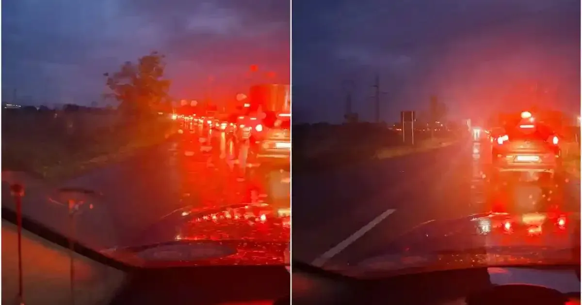 Două cadre alăturate arată un drum întunecat, mai multe mașini cu stopurile aprinse și capota unui vehicul în prim-plan.