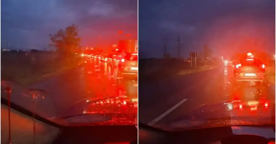 Două cadre alăturate arată un drum întunecat, mai multe mașini cu stopurile aprinse și capota unui vehicul în prim-plan.