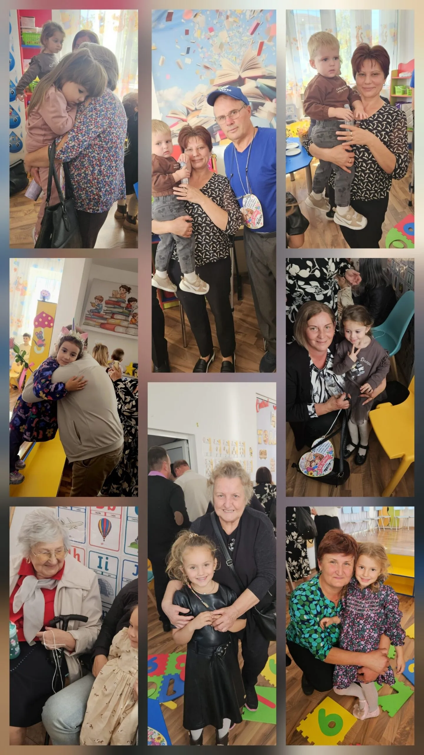 Un colaj din opt fotografii arată adulți și copii îmbrățișați sau așezați împreună, în încăperi cu desene și covorașe colorate.