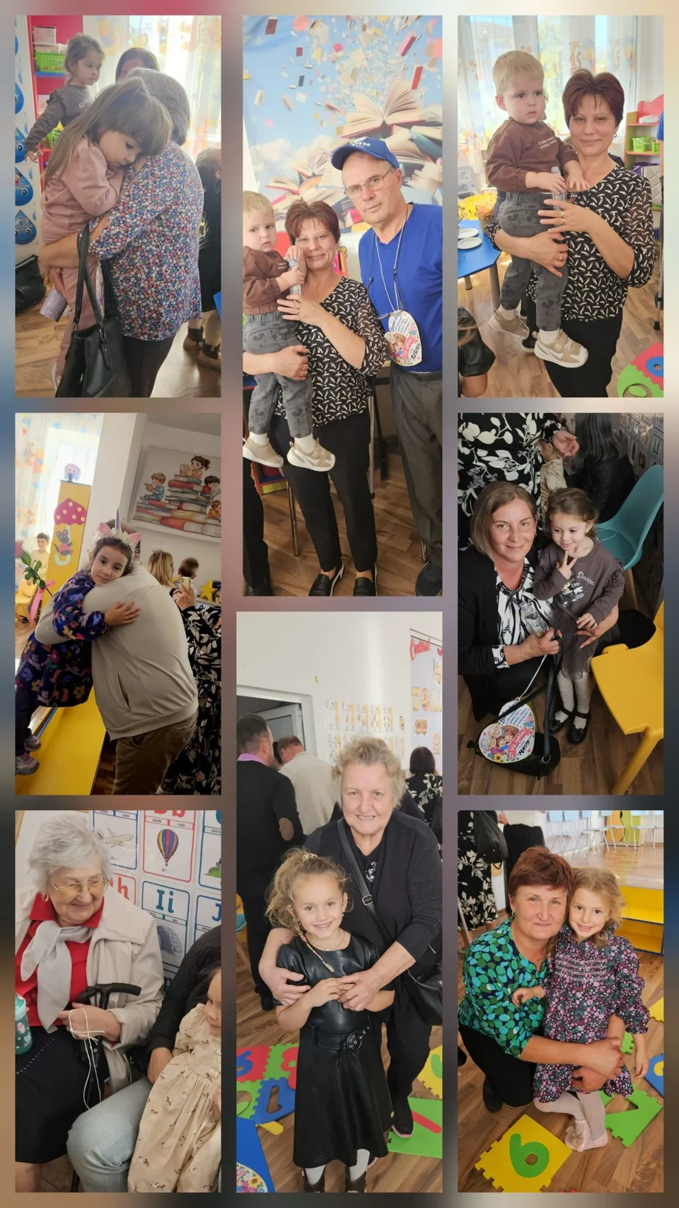 Un colaj din opt fotografii arată adulți și copii îmbrățișați sau așezați împreună, în încăperi cu desene și covorașe colorate.