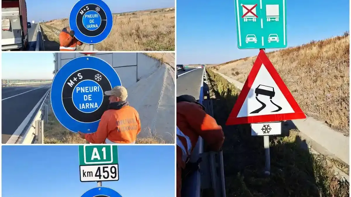 Într-un colaj, un lucrător cu vestă portocalie montează indicatoare albastre și triunghiulare lângă o autostradă.