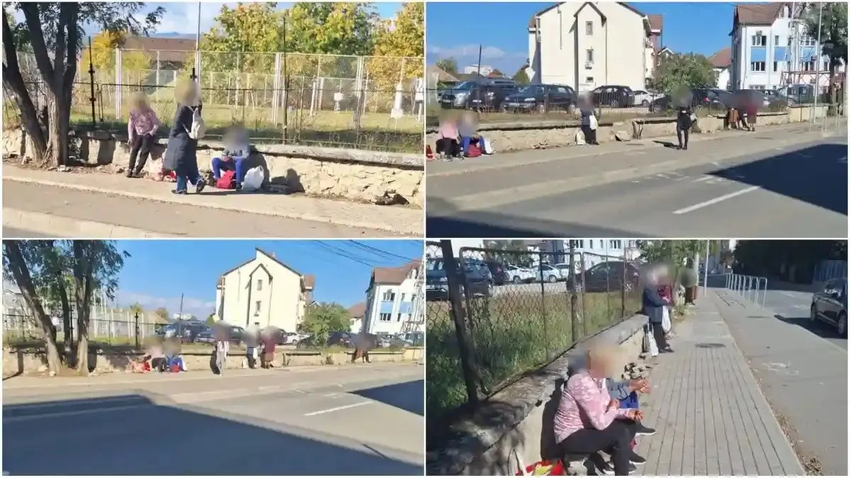 Patru cadre arată persoane lângă un gard de plasă, unele așezate pe marginea joasă, altele în picioare, lângă un trotuar și o stradă.