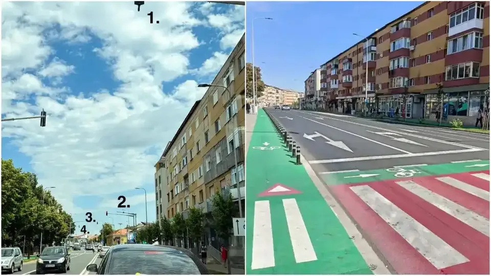 Două imagini alăturate prezintă străzi cu blocuri, automobile, semafoare, marcaje rutiere și o pistă verde pentru biciclete, delimitată prin stâlpișori.