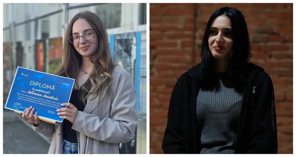 Două fotografii alăturate prezintă două femei; cea din stânga ține o diplomă albastră, iar cea din dreapta poartă haine negre.