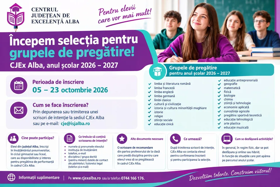 Un afiș mov și turcoaz conține texte, pictograme și cinci tineri așezați la bănci, în fața unei table verzi.