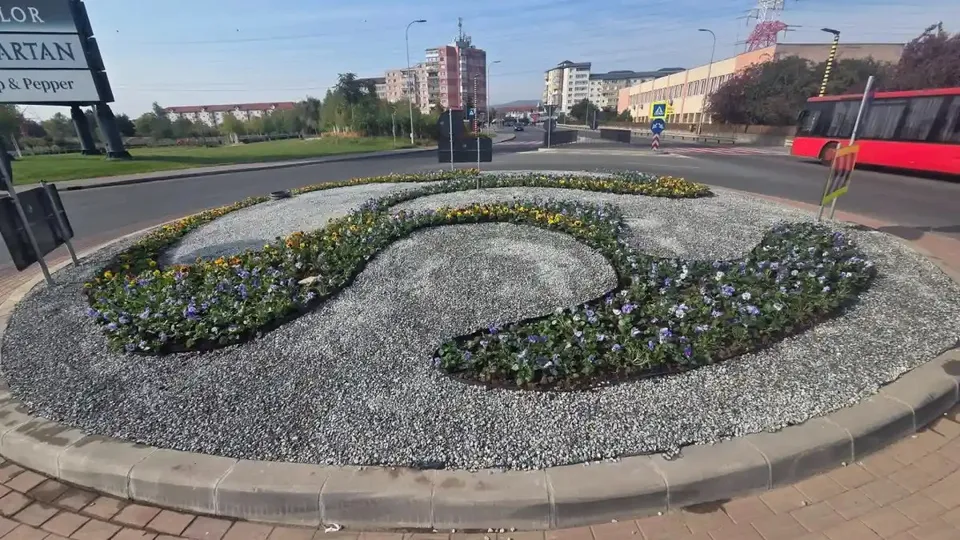 Un rond amenajat cu pietriș și flori este înconjurat de borduri, cu șosea, clădiri și un autobuz roșu în fundal.