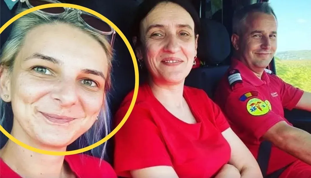 În stânga, chipul unei femei este încadrat de un cerc galben; în dreapta, o femeie și un bărbat în haine roșii stau într-un vehicul.