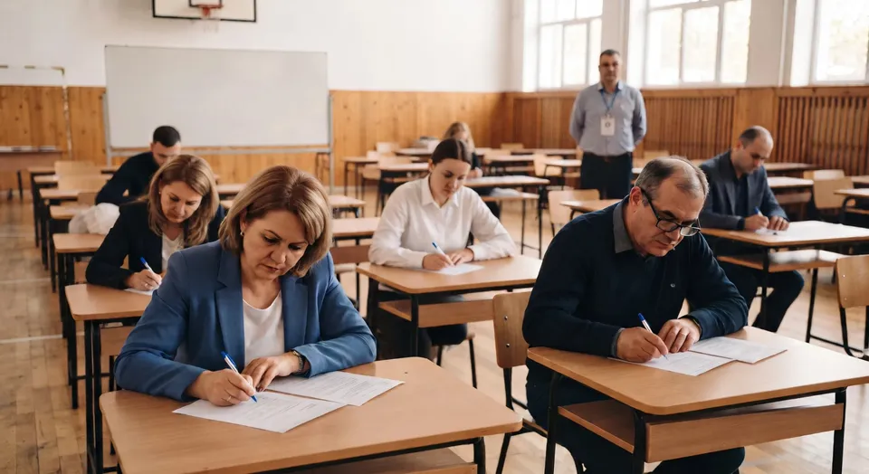 Mai multe persoane stau la bănci și scriu pe foi, iar un bărbat stă în picioare în spatele lor.