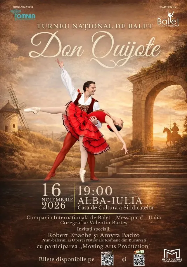 Un afiș prezintă doi dansatori în costume roșii și albe, lângă o arcadă, cu o moară de vânt în fundal și text alb.