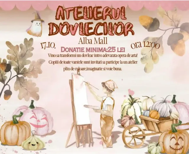 Afiș roz cu text maro, dovleci desenați, frunze, un șevalet și o siluetă desenată lângă o roabă cu dovleci.