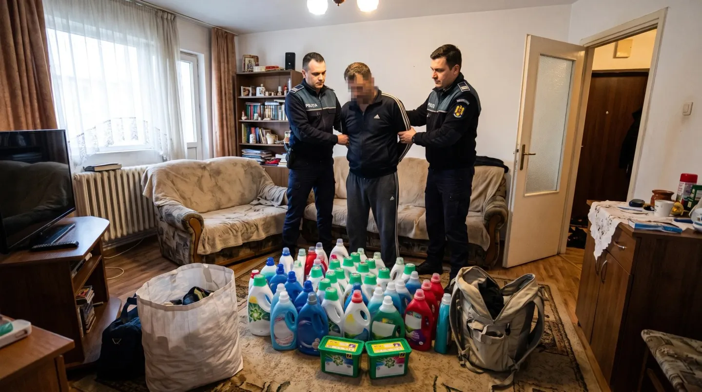 Într-o cameră, doi bărbați în uniforme stau lângă un bărbat, iar recipiente colorate și saci sunt așezați pe podea.