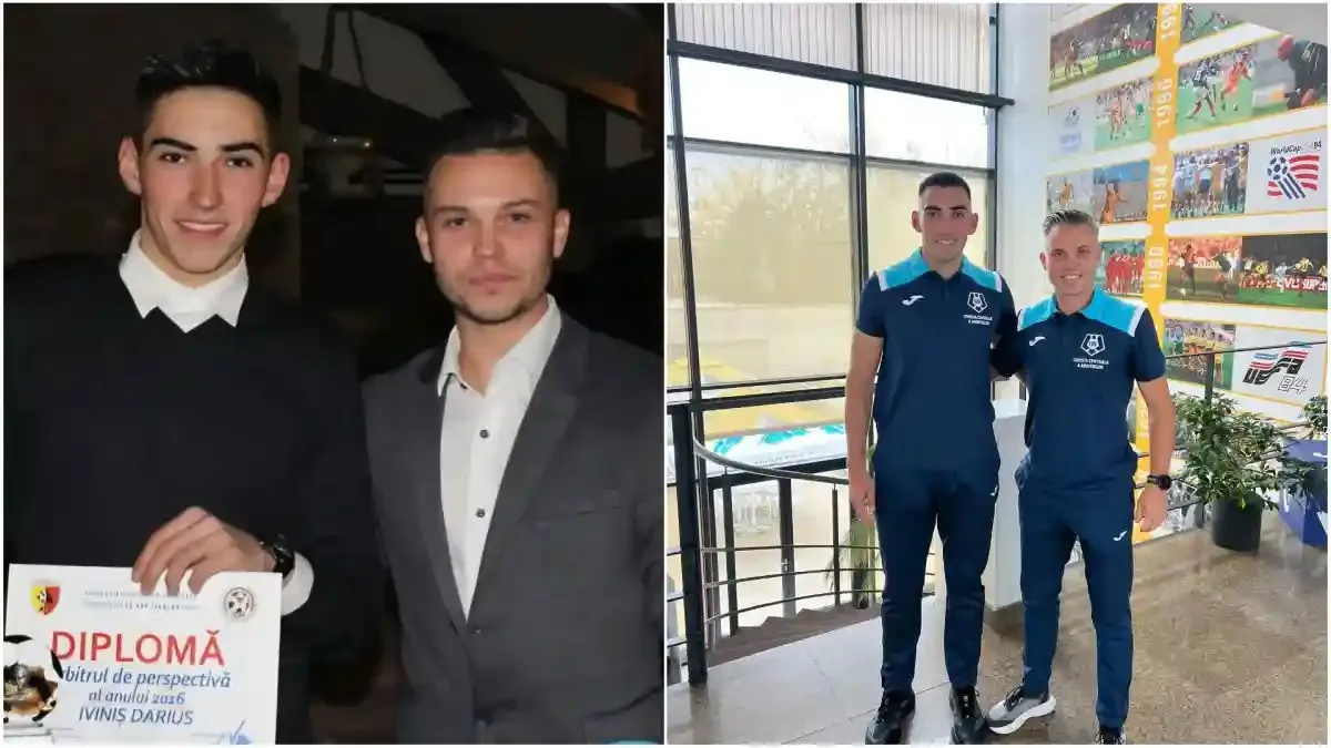 În două fotografii alăturate, doi bărbați îmbrăcați elegant stau lângă o diplomă, iar alți doi poartă tricouri și pantaloni albaștri.