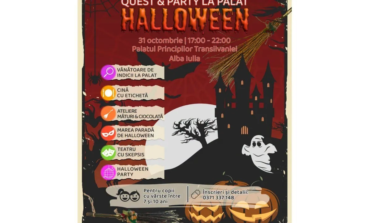 Un afiș roșu și negru conține text, pictograme colorate, o casă întunecată, un copac, o fantomă și dovleci.