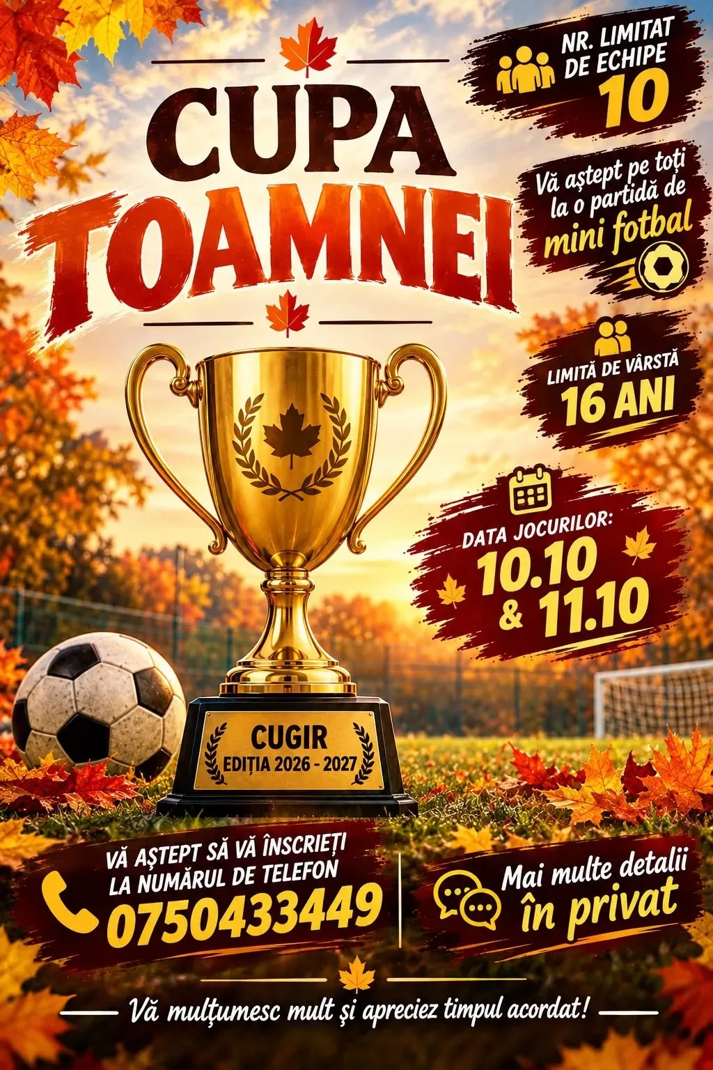 Afiș ilustrat cu un trofeu auriu, o minge de fotbal, frunze tomnatice și texte despre echipe, vârstă, date și înscriere.