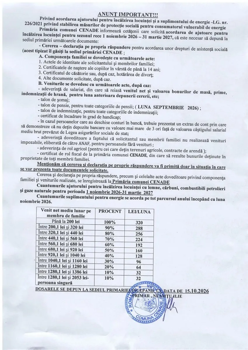 O foaie albă cu text tipărit, un titlu centrat, un tabel în partea de jos și o ștampilă albastră lângă o semnătură.