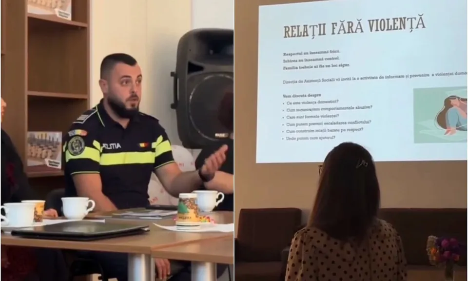 Un bărbat cu uniformă închisă la culoare stă la o masă și gesticulează; în dreapta apare un ecran proiectat și o femeie văzută din spate.