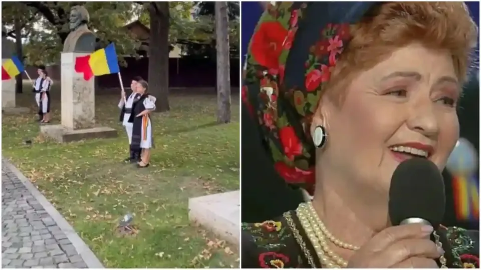 În stânga, două persoane în costume tradiționale țin steaguri lângă un monument; în dreapta, o femeie în costum tradițional ține un microfon.