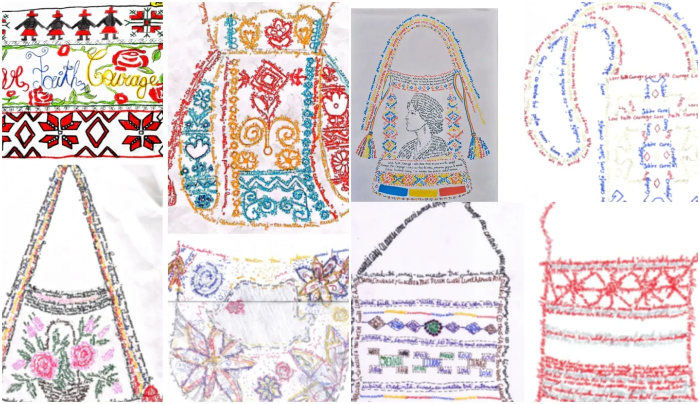 Un colaj prezintă desene pe foi albe, cu contururi de traiste, motive geometrice și florale, texte scrise de mână și culori variate.
