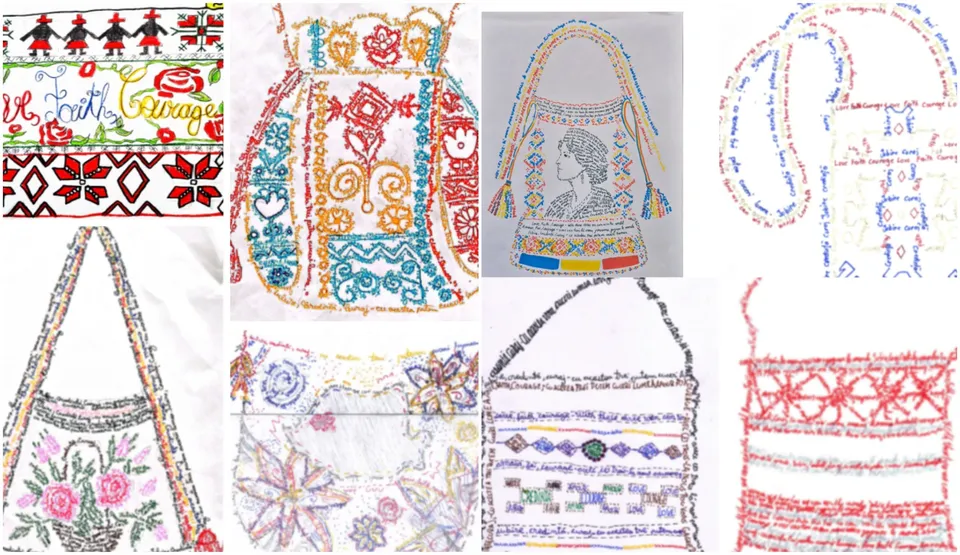 Un colaj prezintă desene pe foi albe, cu contururi de traiste, motive geometrice și florale, texte scrise de mână și culori variate.