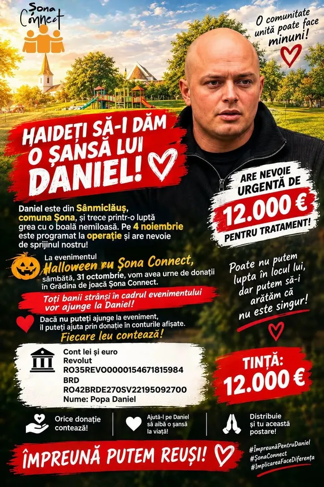 Un afiș colorat prezintă un bărbat cu capul ras, îmbrăcat în negru, alături de texte albe și roșii, inimi și simboluri grafice.