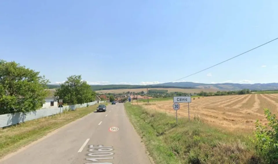 Un drum asfaltat trece printre câmpuri, case și copaci, având indicatoare rutiere, marcaje albe și un autoturism în depărtare.