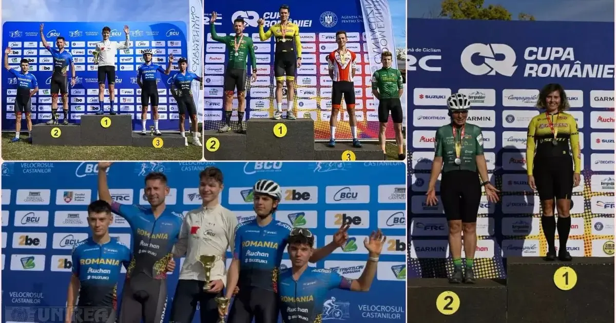 Colajul arată mai multe grupuri de persoane în echipamente sportive, pe podiumuri, în fața unor panouri cu sigle; unele țin cupe sau flori.
