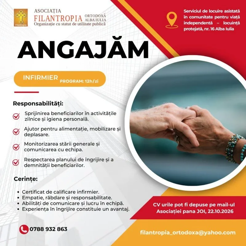 Un afiș cu fundal alb, roșu și galben conține texte, pictograme și o fotografie circulară cu două mâini care se țin.
