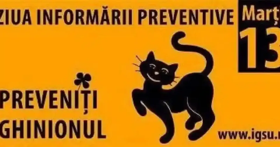 Un afiș portocaliu conține text negru, cifra 13 și desenul unei pisici negre cu coada ridicată.
