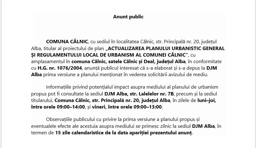 O pagină albă prezintă titlul „Anunț public” și mai multe paragrafe de text negru, cu unele fragmente îngroșate.