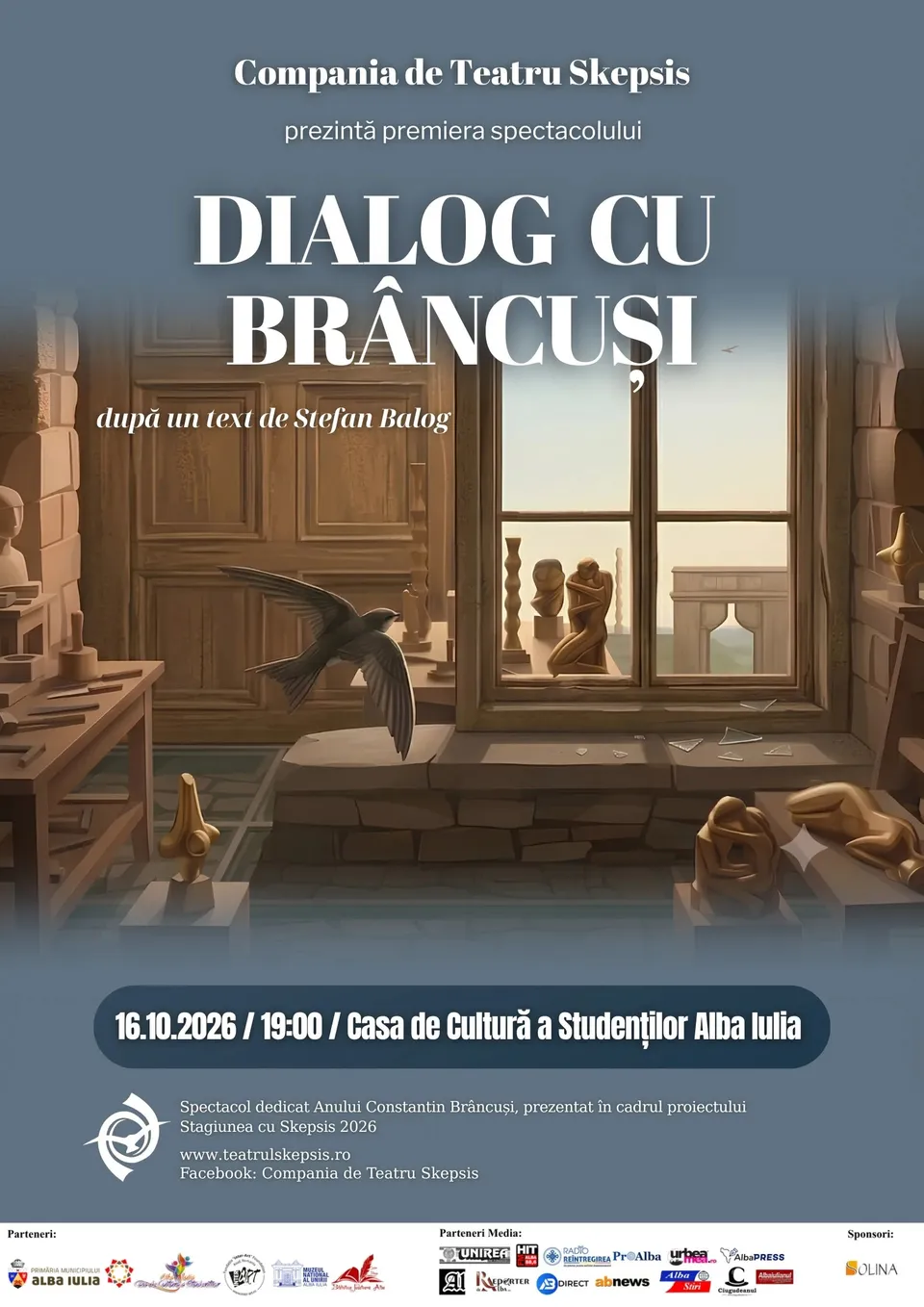 Un afiș conține ilustrația unei încăperi cu lambriuri din lemn, o fereastră mare, mobilier și mai multe figurine sculptate.