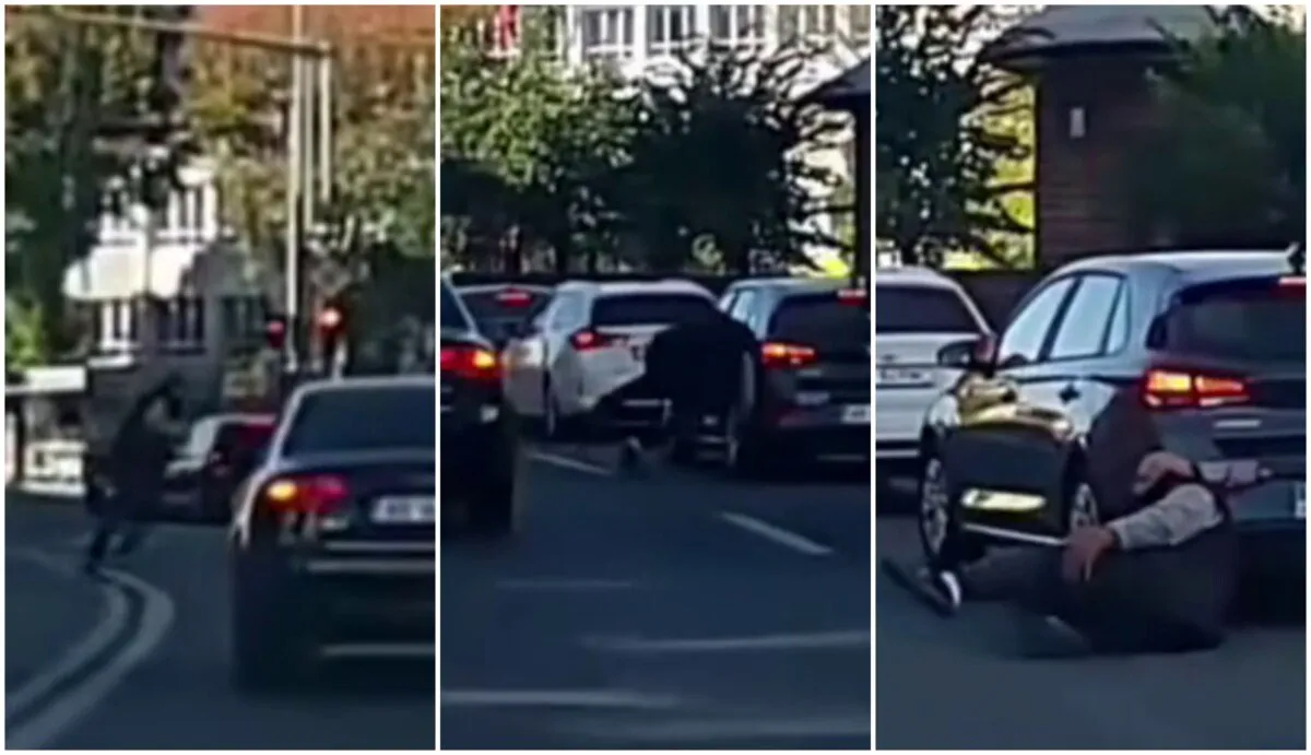Trei cadre alăturate arată mai multe autoturisme pe carosabil și o persoană în haine închise, înclinată, iar apoi căzută lângă spatele unei mașini.