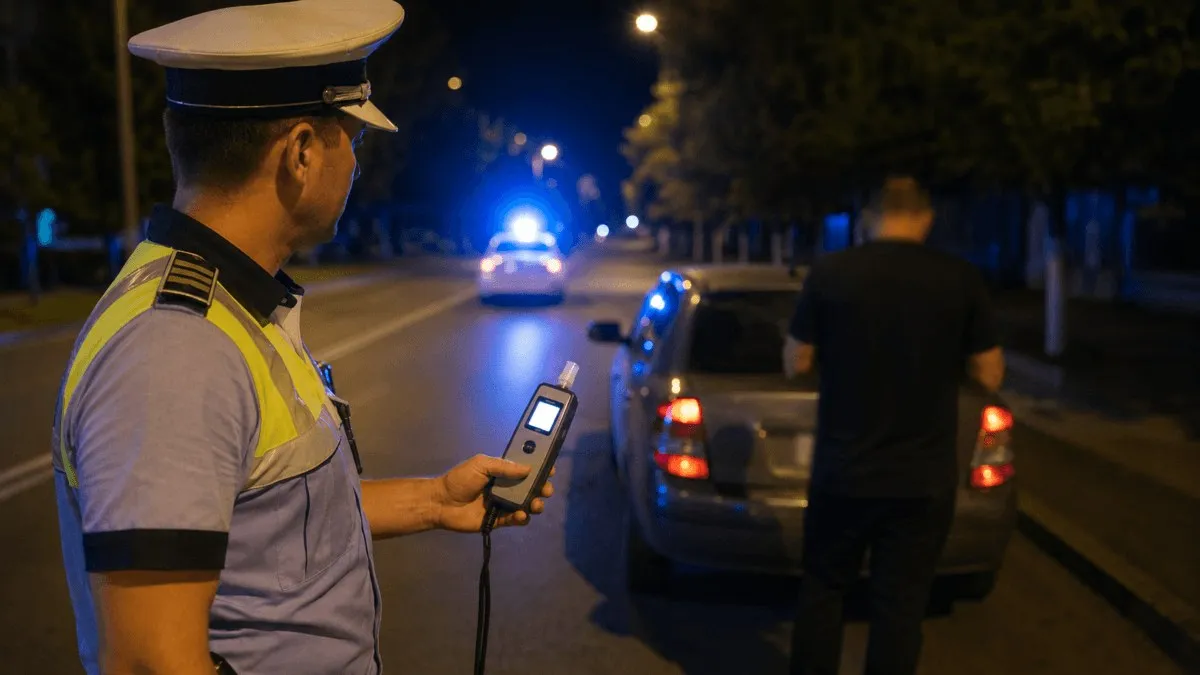 Un polițist în uniformă ține un aparat în mână, lângă un autoturism oprit; un bărbat îmbrăcat în negru stă lângă mașină.