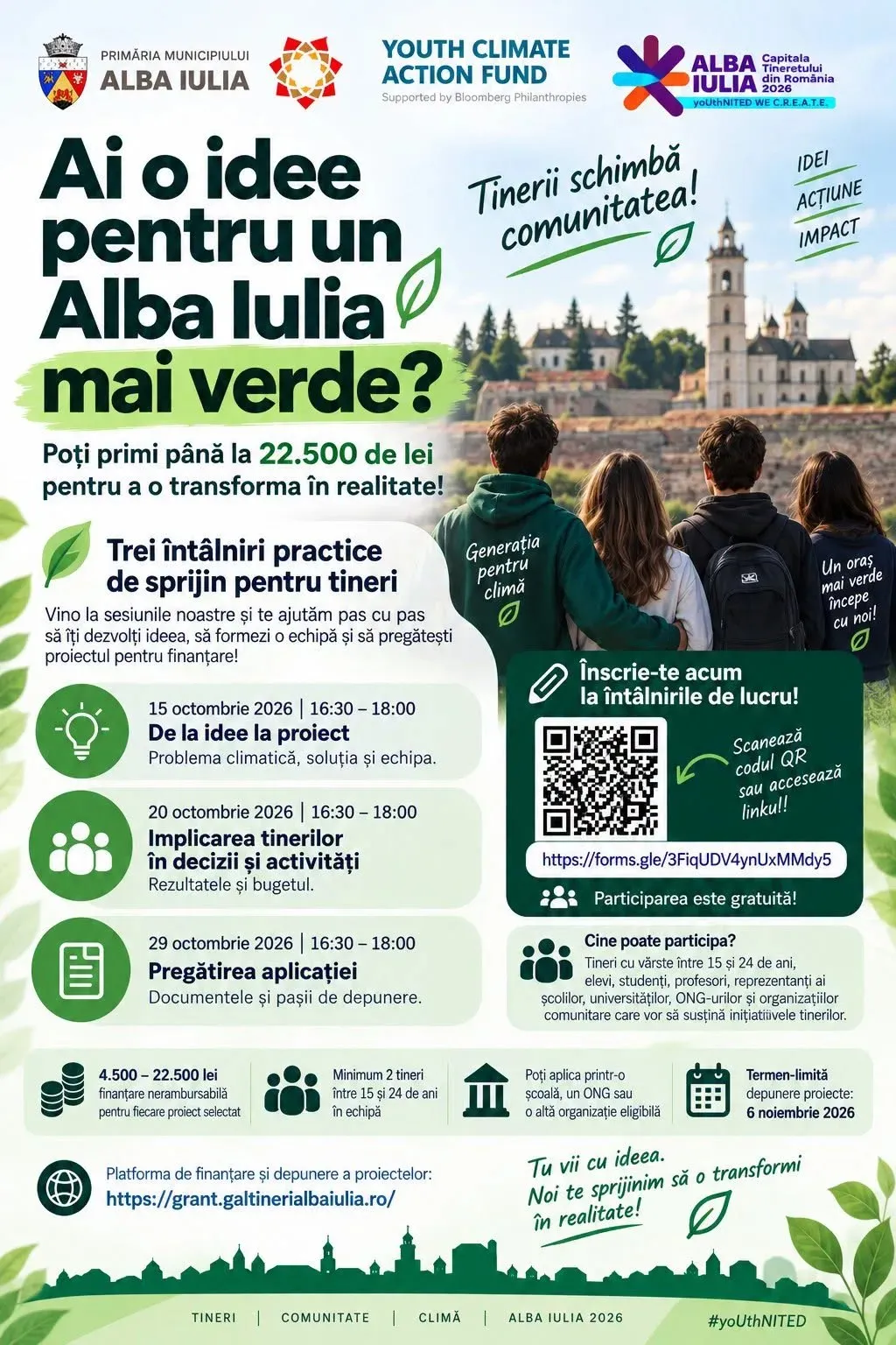 Un afiș verde și alb conține titluri mari, texte despre finanțare, un cod QR și ilustrații cu trei persoane văzute din spate.