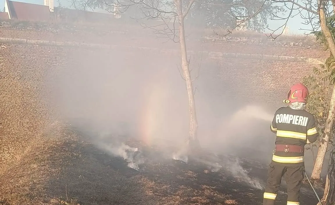 Un pompier în echipament de protecție pulverizează apă spre vegetația fumegândă, lângă un zid înalt de cărămidă și câțiva copaci.