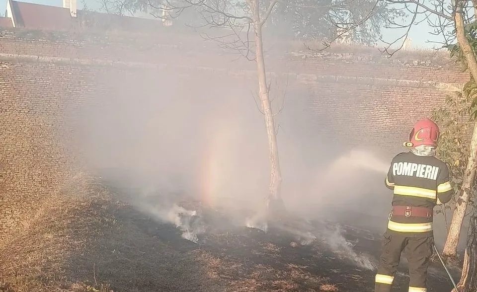 Un pompier în echipament de protecție pulverizează apă spre vegetația fumegândă, lângă un zid înalt de cărămidă și câțiva copaci.