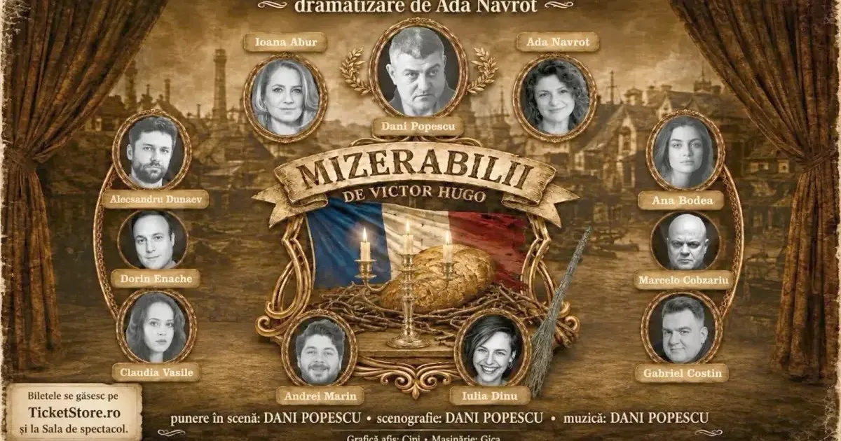Un afiș în tonuri sepia prezintă titlul „Mizerabilii”, portrete ovale, draperii, un sfeșnic și texte despre bilete și spectacol.